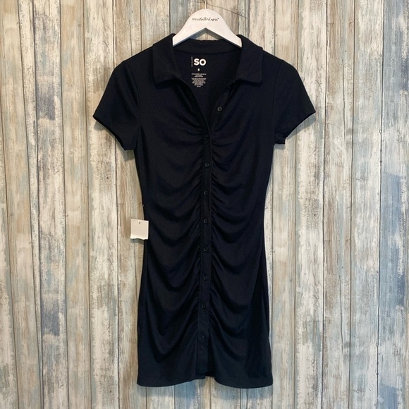 NWT SO black Short Sleeve Runched Front Button Up Dress | Size Small - Picture 2 of 11